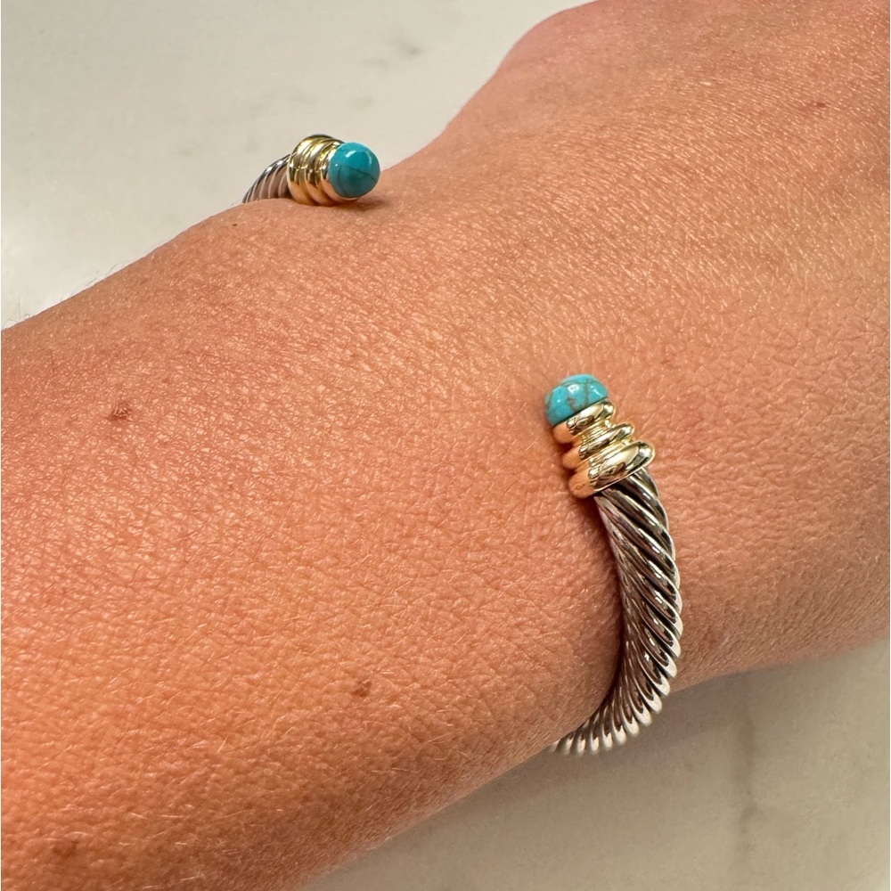 Two Tone Cable Bracelet with Open Cuff Faux Turquoise Silver Tone and Gold Tone